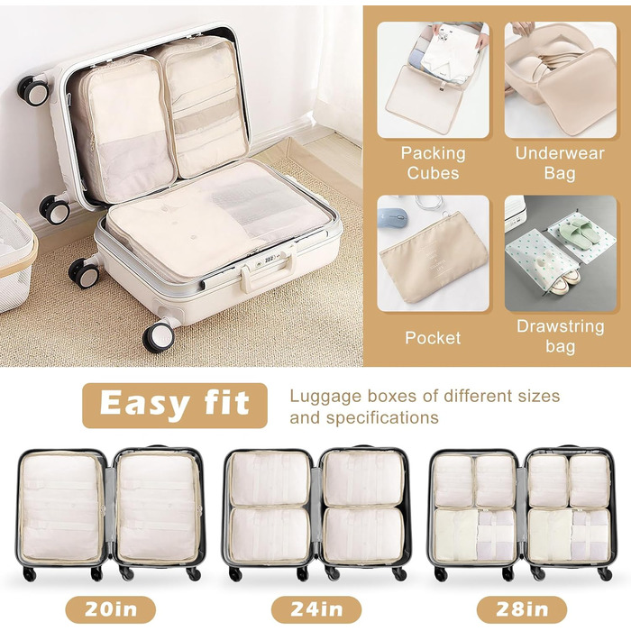 Органайзер для валізи Gemke 13 шт., водонепроникні кубики для пакування, багаж, подорожі (бежевий)