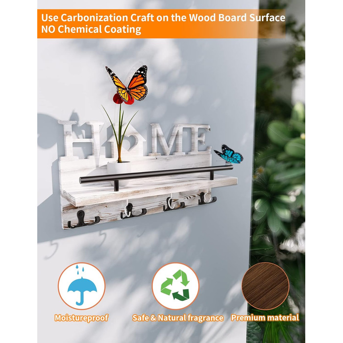 Дерев'яний органайзер для ключів з полицею на стіну - 7 гачків, Rustic дизайн (білий)