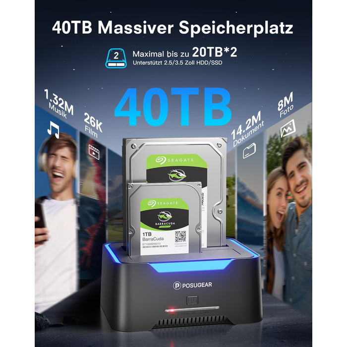 Док-станція для жорстких дисків POSUGEAR RGB USB 3.0 з підтримкою 2.5/3.5 SATA HDD/SSD, 2 відсіки, Offline Clone, UASP