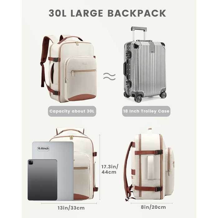 LOVEVOOK Рюкзак для ручної поклажі, 40L, для подорожей, ділових поїздок, валіза-рюкзак, водонепроникний, для ноутбука 17 дюймів, рюкзак для подорожей, кемпінгу, вихідних Beige+braun-30l