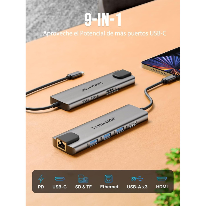 Lemorele USB-C хаб – адаптер USB-C 9 в 1 з алюмінієвим корпусом. Gigabit Ethernet, 4K HDMI, 100W PD, 3 USB-A, USB-C, SD/TF, док-станція для MacBook, iPad, Windows, Switch, Chromecast