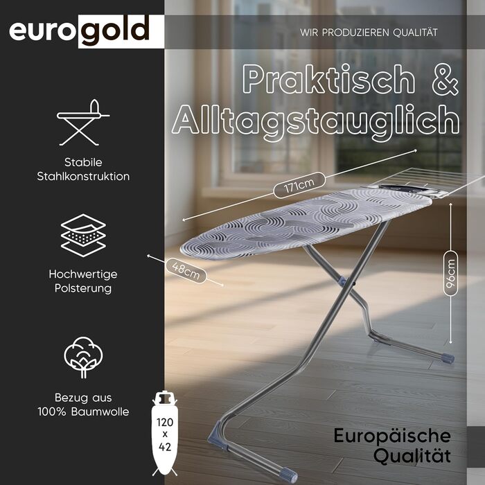 Прасувальна дошка EUROGOLD® Premium 120x42 см з підставкою для праски - стабільна, регульована по висоті, з покриттям з 100% бавовни сірого кольору