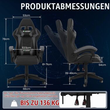 Ігрове крісло Bigzzia Gaming Stuhl з підігрівом, регульована спинка 90-135°, ергономічний геймерський стілець (сірий)