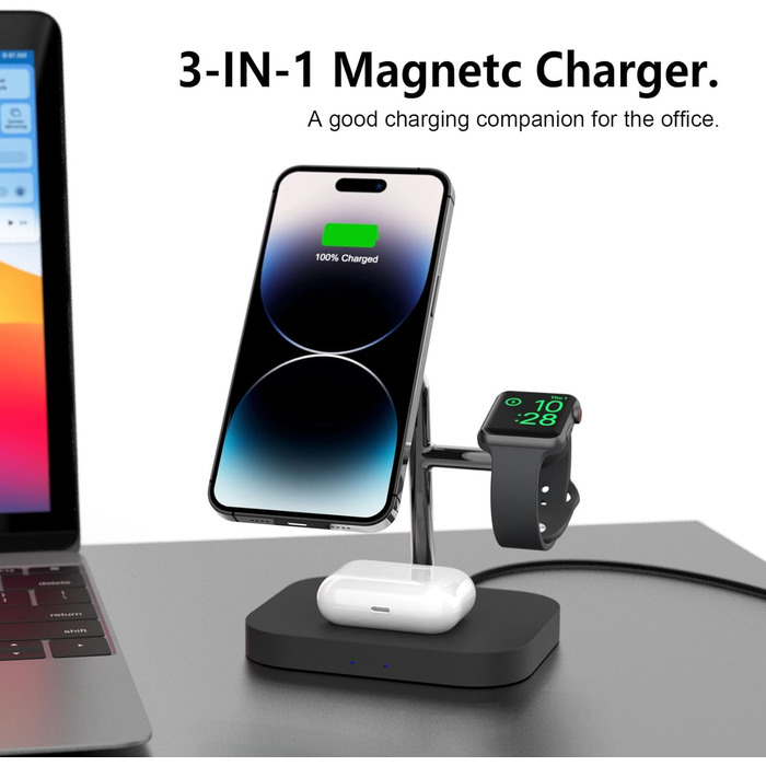 Бездротова зарядка Boaraino 3-в-1 для iPhone 17/16/15/14/13/12, Apple Watch та AirPods, чорний