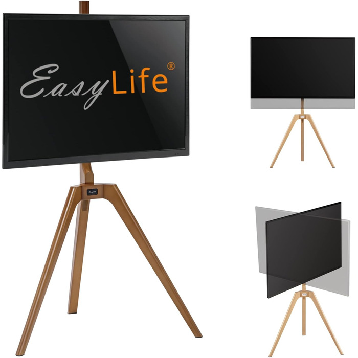 Підставка для телевізора EasyLife з дерева, штангель, трипод, для студії, до 65 дюймів, до 40 кг, поворотна, регульована по висоті, з управлінням кабелів, VESA до 400x400 (Чорний/Бук) (Білий/Волоський горіх)