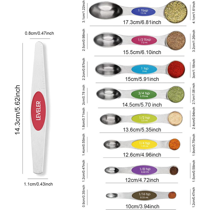 Набір мірних ложок з магнітом для кухні Home Essentials (9 шт), нержавіюча сталь, для сухих та рідких інгредієнтів, багатокольоровий