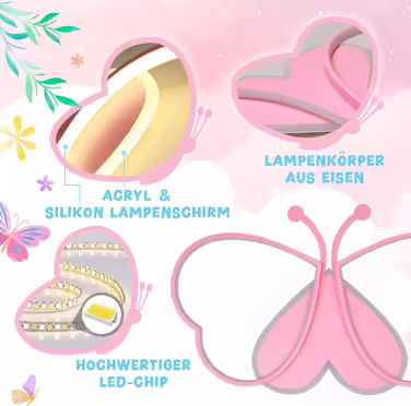 LED Butterfly Ceiling Lamp, Dimmable Acrylic Ceiling Light, Creative Ceiling Lamp for Kids' Room, Girls' Room, Bedroom, Cartoon Ceiling Light - Pink, 42cm