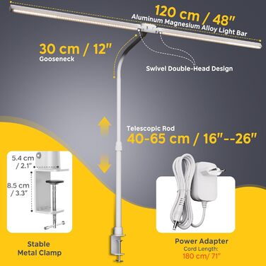 LED лампа настільна EYOCEAN 24W, 80 см з жестами, регулювання яскравості, захист очей для офісу, роботи, читання, архітекторів, дизайнерів (біла)