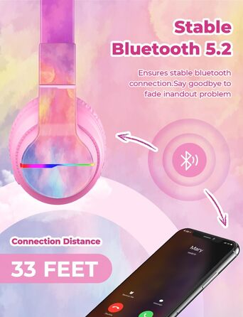 iClever Бездротові навушники для дітей з LED-підсвіткою, Over-Ear, Bluetooth 5.2, мікрофон, BTH12 (Tie-dye рожевий)