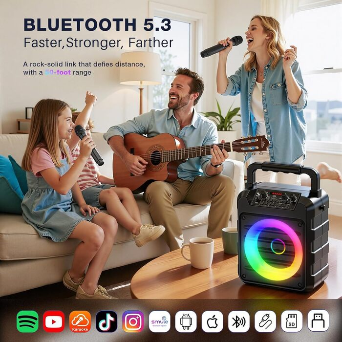 Портативна караоке-колонка Dislocati з 2 мікрофонами, 20W, LED-підсвітка, Bluetooth 5.3, AUX/USB, до 12 годин роботи - ідеальний подарунок для дітей та дорослих, чорний колір
