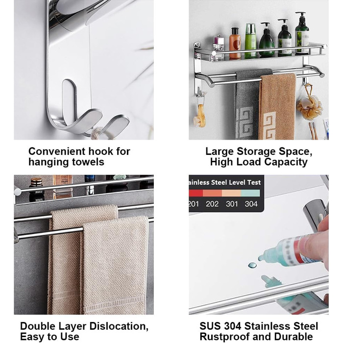 Тримач для рушників з полицею та гачками, хром, нержавіюча сталь, 59 см, для ванної кімнати, кухні, туалету