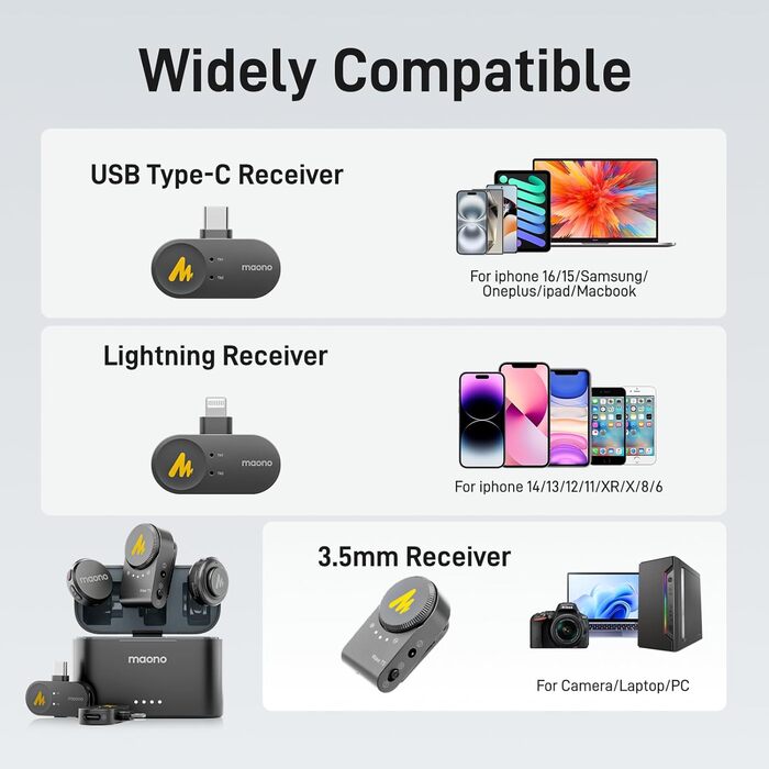 MAONO Бездротовий петличний мікрофон Wave T5 (2TX+3RX) для iPhone 15/16, Android (USB-C) - мікрофон для зйомки відео, з шумозаглушенням, 48kHz/24Bit, 30 годин роботи, 300м радіус дії