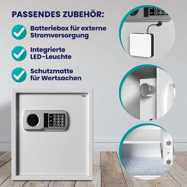 DEUBA® XXL електричний сейф 35x40x40 см, 4 мм, з подвійними сталевими болтами, внутрішнім освітленням, монтажним комплектом. Сейф для документів, меблевий сейф, срібний