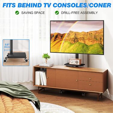 Мобільна тумба під телевізор з поличкою для ТВ 27-60 дюймів, чорна. Поворотна, регульована по висоті, до 40 кг, VESA 400x400