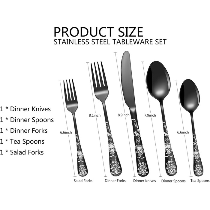 Набір столових приборів XIAOYU чорний з дизайном черепа, готичний нержавіюча сталь, на 4 особи. Унікальний набір для Хеллоуїну (5 предметів)