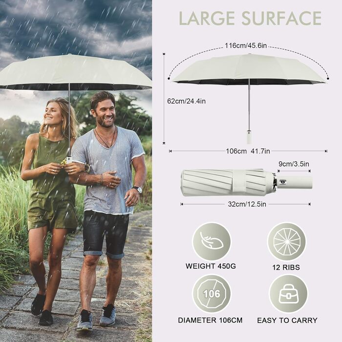 Зонт LAMA Klappschirm: Стійкий до вітру, автоматичний, 105 см, 12 спиць, анти-UV, для гольфу, Bergahornbeige