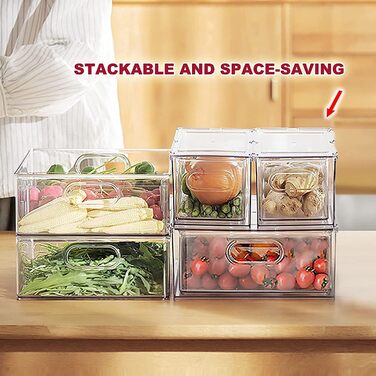 Refrigerator Organizer Drawer Set with Handle, 3-Piece Stackable Kitchen Storage Boxes with Pull-Out Drawer & Lid for Vegetables, Berries, Meat | PET Plastic Food Storage Containers