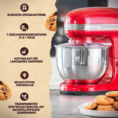 Планетарний міксер ProfiCook PC KM 1197 для випічки та замішування тіста, 1200 Вт, чаша 5 л, ретро-дизайн, червоний