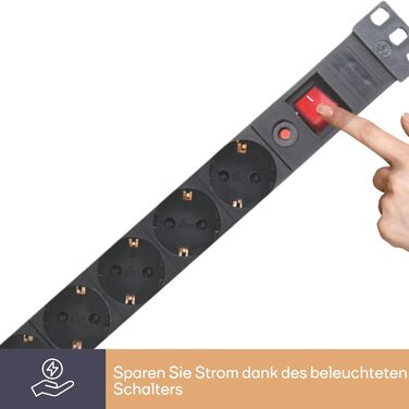Блок розподілу живлення (PDU) Perel на 8 розеток Schuko Typ F з вимикачем та захистом від перенапруги, кабель 2.15м, 3680 Вт для 19-дюймової стійки, серверної шафи та офісу