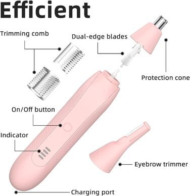 Триммер для носа та вух для жінок: безболісний, USB, 2-в-1, рожевий