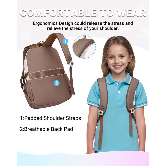 Дитячий рюкзак для дівчаток Kinderrucksack, 18L, 2-7 клас, легкий, з дихаючою спинкою та м'якими лямками, для школи, підлітки 7+ років, колір кавовий