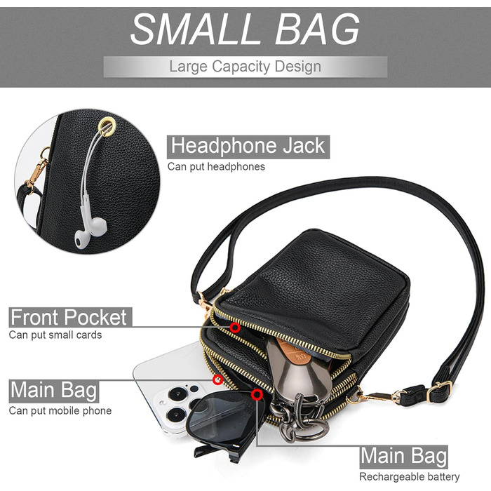 Сумка жіноча Mini Tasche на плече для телефону: кросбоді, гаманець, для iPhone 16 Pro Max/Samsung/Xiaomi до 7.5' - чорна
