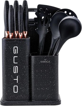 Набір ножів Karaca Gusto 12 предметів з дощечкою та кухонними аксесуарами. Ножі з нержавіючої сталі, ергономічні ручки. Чорний колір.