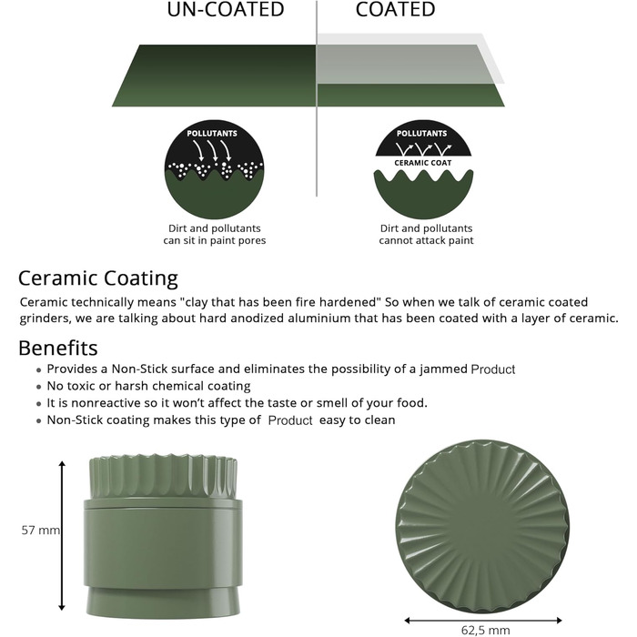 Toothless Herb Grinder Ø 63 mm | Nano-ceramic coated for effortless grinding | 5-piece with built-in storage container in the lid (Green)