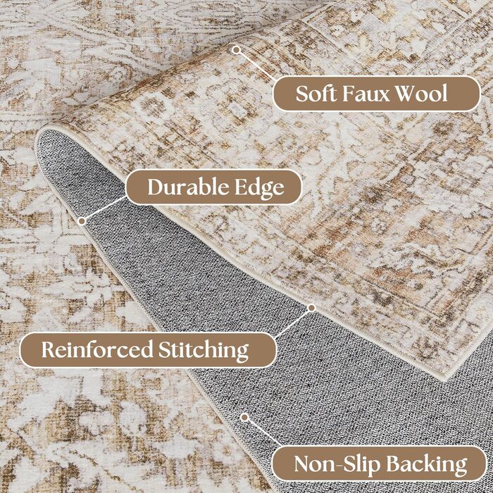 Килим миючий, штучна вовна, для дому, спальня, під ліжко, їдальня, під стіл, світло-бежевий, 244 x 305 см, прямокутний