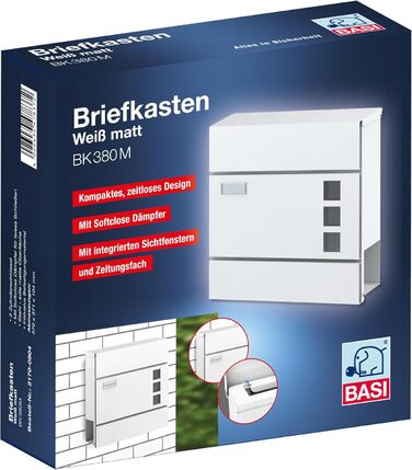 Поштова скринька BASI з м'яким закриттям, вікном для листівок та табличкою для імені | DIN A4 | 2 ключі | вбудований відсік для газет | Біла настінна поштова скринька