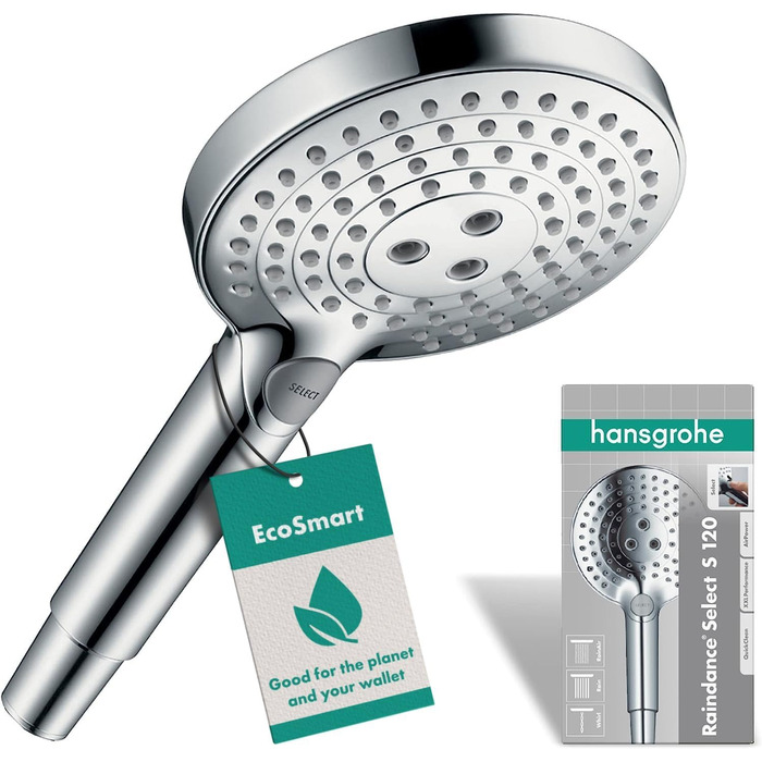 hansgrohe Raindance Select S - water-saving showerhead 9 l/min (EcoSmart), hand shower with 3 spray patterns, round shower head (⌀ 120 mm), water-saving showerhead with anti-limescale function, Chrome
