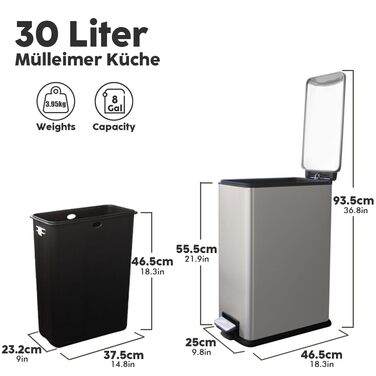 Трюмний сміттєвий бак для кухні, нержавіюча сталь, 30л, з кришкою та внутрішнім відром