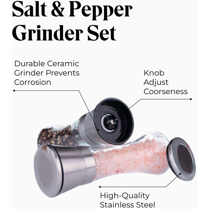 Набір для перцю та солі Willow & Everett з нержавіючої сталі - 2 великі ручні млини з регульованим жорном, без наповнювача, з підставкою