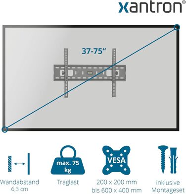 Кронштейн для телевізора Xantron STRONGLINE-42N настінний, похилий, 37-75 дюймів, VESA до 600x400, до 75 кг, мінімальна відстань від стіни, з монтажним комплектом
