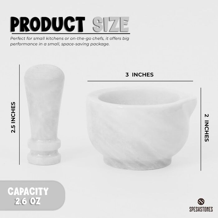 Набір ступки та пестика з мармуру, 7,6 см, ручної роботи, для кухні та декору, подрібнювач спецій та трав (білий)