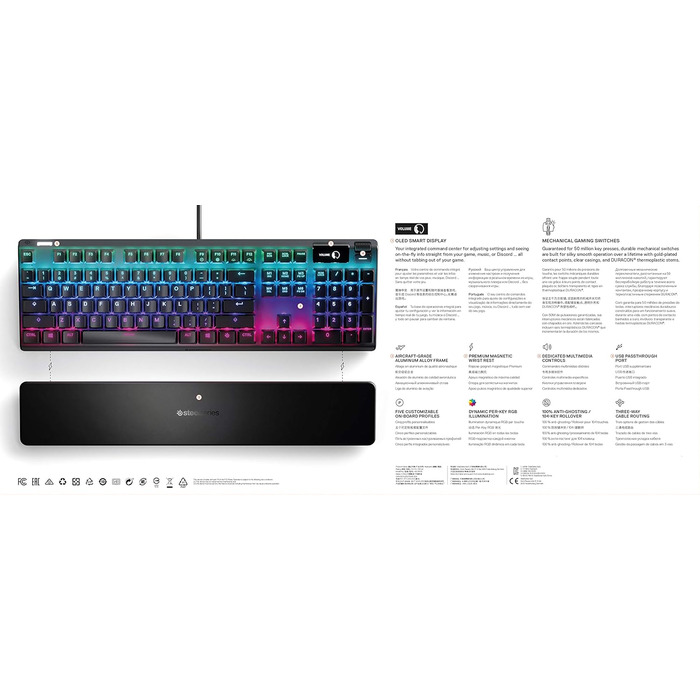 SteelSeries Apex 7 - Механічна ігрова клавіатура з OLED дисплеєм - Червоні перемикачі - Розкладка DE (QWERTZ)