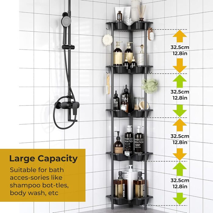 Підлогова полиця для душу з 5 ярусами, без свердління, з гачками, чорного кольору, нержавіюча сталь та пластик