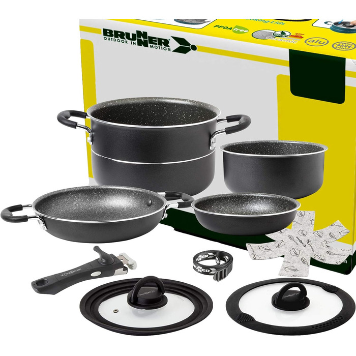 Набір посуду для кемпінгу BRUNNER Alu (каструлі та сковорідки) - 7+1, Vakublock, для 4 осіб, з антипригарним покриттям, легкий, високоякісний, складаний, діаметр 22 см