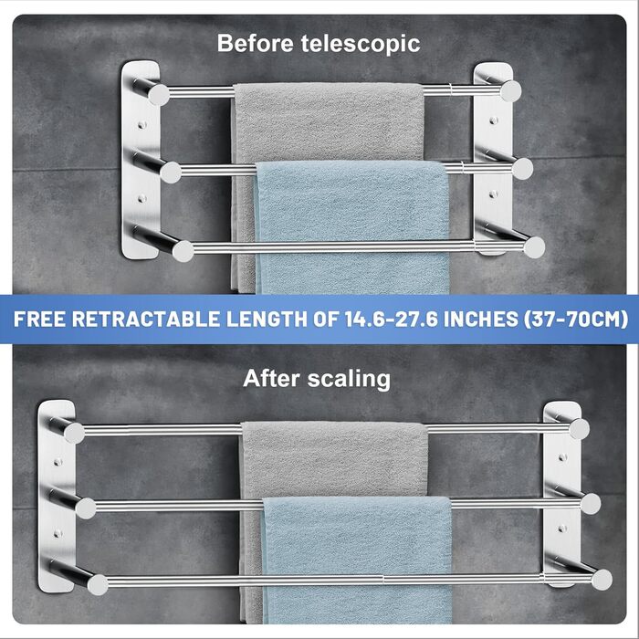 Тримач для рушників Lannvan без свердління, висувний 37-70см, нержавіюча сталь, для ванної кімнати та кухні, 2 способи встановлення, сріблястий