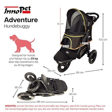 Buggy Innopet Adventure для собак та котів - чорний/жовтий, для бездоріжжя, вантажопідйомність 30 кг, EVA-колеса 30 см, складаний, великий відсік для зберігання