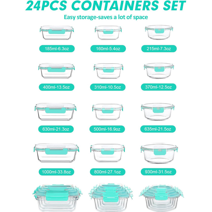 Набір контейнерів Verones 24 шт. з кришкою, повітріобмінний, скляний, для зберігання їжі, зелений