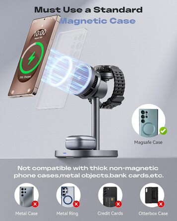 Бездротовий зарядний пристрій 3-в-1 Samsung 15W з охолодженням TEC, MagSafe для Galaxy S26 Ultra/S25/S24/Z Fold 7/Flip7, Watch Ultra/8/7, Buds4pro – Чорний