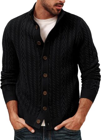 Кардиган чоловічий PJ PAU JONES з косими візерунками, на ґудзиках, грубий трикотаж (L, Чорний)