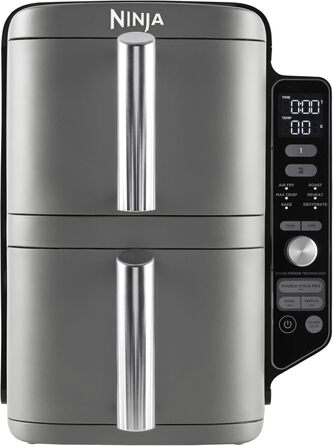 Ninja Double Stack XL Air Fryer Hot Air Fryer, 9.5L Air Fryer, Double Basket Hot Air Fryer with 4 Cooking Levels, 2 Baskets, 2 Racks, Space-Saving Design, 6 Cooking Functions, 8 Portions, Grey SL400EU Stacked Double Drawer 9.5L Grey