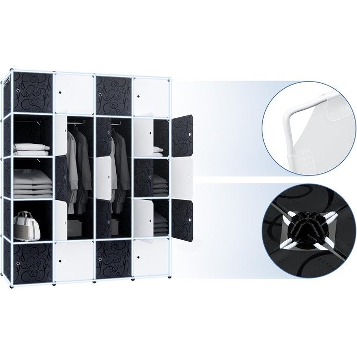 Wardrobe, Plastic Wardrobe, DIY Cube Wardrobe 20 Cubes, Shelf System Bedroom Wardrobe – Black, 145 x 37 x 178 cm