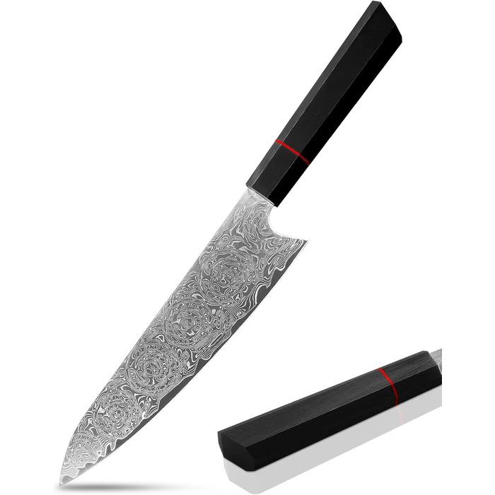Японський ніж кухарський з дамаської сталі Plys: професійний ніж шеф-кухаря з чорним дерев'яним руків'ям