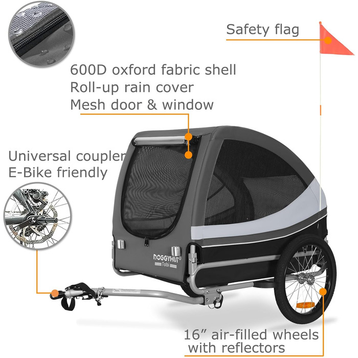 DOGGYHUT® Tobi - великий велопричіп для собак, 35 кг, сірий