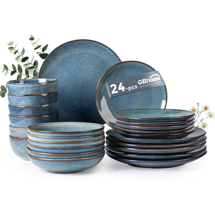 GBHOME Набір посуду з кераміки, 24 частини (12-ти та 24-ти місний), ручної роботи, реактивна глазур, тарілки та миски, стійкий до сколів та тріщин, придатний для миття в посудомийній машині та використання в мікрохвильовці, білий колір (Ceylon Blau)