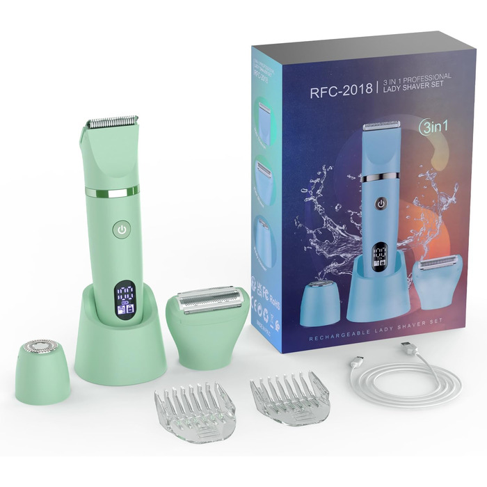 Електричний жіночий триммер для тіла 3-в-1: обличчя, ноги, зона бікіні. Вологостійкий, з LCD-дисплеєм (зелений)