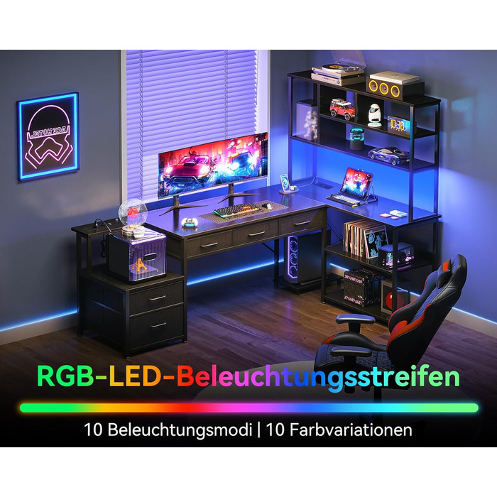 Комп'ютерний стіл Coleshome з 5 ящиками та 4 полицями, 180x100 см, L-подібний, з LED-підсвічуванням, розетками та USB, для дому/офісу, білий/чорний